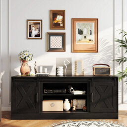 Farmhouse Tv Stand For 70 Tvs With Sliding Barn Doors Black - thumbnail 1