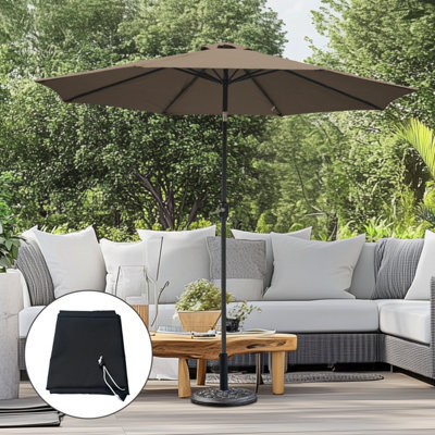 Sundaze 2.7M Taupe Round Garden Parasol Umbrella Patio Canopy Crank Tilt, Base Weights & Black Cover - image 1
