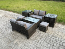 Fimous High Back Rattan Garden Furniture Sofa Sets With Rectangular Coffee Table 2 Side Tables 2 Small Footstools Dark Grey Mixed - thumbnail 2