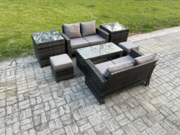 Fimous High Back Rattan Garden Furniture Sofa Sets With Rectangular Coffee Table 2 Side Tables 2 Small Footstools Dark Grey Mixed - thumbnail 1