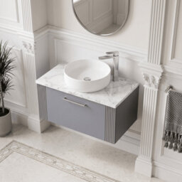 Balterley Belvide Partial Fluted 1 Drawer Wall Hung Vanity Unit With Carrera Marble Laminate Worktop - 800mm - Satin Grey - thumbnail 3