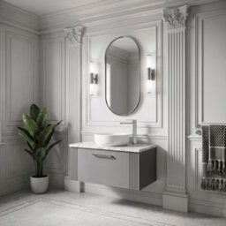Balterley Belvide Partial Fluted 1 Drawer Wall Hung Vanity Unit With Carrera Marble Laminate Worktop - 800mm - Satin Grey - thumbnail 4