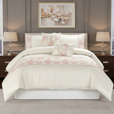 Embroidered Floral Duvet Cover Set Luxury Bedding Matching Pillowcases Pink - image 1