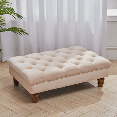 Darphe Buttoned Beige Velvet Rectangular Ottoman Footstool With Gourd-Shaped Legs - image 1
