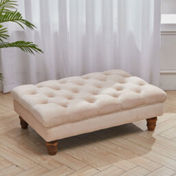 Darphe Buttoned Beige Velvet Rectangular Ottoman Footstool With Gourd-Shaped Legs - thumbnail 1