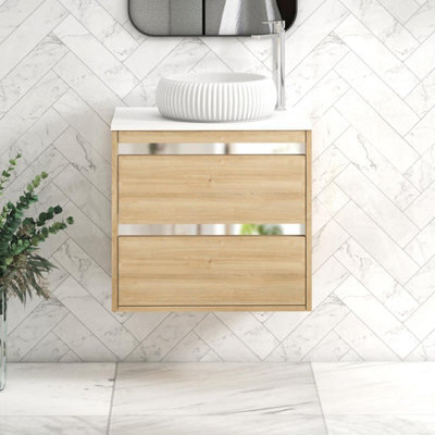 Royal Bathrooms Orion 600mm Natural Oak Wall Hung Plain White Countertop Vanity Unit 2 Drawer With Milan Basin & Chrome Accent Trim - image 1