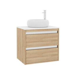 Royal Bathrooms Orion 600mm Natural Oak Wall Hung Plain White Countertop Vanity Unit 2 Drawer With Milan Basin & Chrome Accent Trim - thumbnail 6