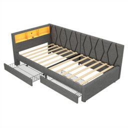 Abrihome 3Ft Single Daybed With Two Storage Drawers & Charging Station, Led Modern Linen Sofa Bed Frame For Living Room, 90X190Cm, Grey - thumbnail 7