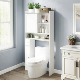 Over-The-Toilet Cabinet Adjustable Bathroom Storage Shelf With Door White - thumbnail 3