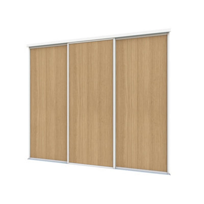 A-Class Sliding Doors Set Of 3 Mid Oak Sliding Wardrobe Door Kit In White Frame & Tracks, Opening Height (H) 225-226Cm & Width (W) 223-224Cm - image 1