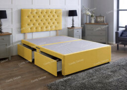 Comfy Deluxe 4Ft Mustard Plush   Small Double Divan Bed Base With Headboard 2 Drawers One Each Side