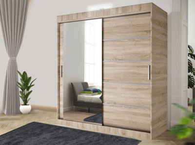 RAC3 Sliding Wardrobe Led Mirror Space Saving Bedroom Wardrobe, Contemporary Bedroom Sliding Wardrobe & Mirror Wardrobe (Oak, 150Cm) - image 1