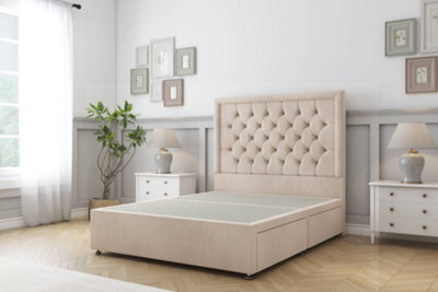 "Sloomy Montana Sand Naples Divan Bed Base 2 Drawers Same Side With 54"" Floor Standing Headboard 4' Small Double" - image 1