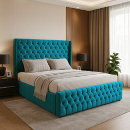 Adore Designs Chesterfield Winged Plush Velvet Ottoman Storage Bed, With Footboard - 6Ft Super King - Mallard - thumbnail 1