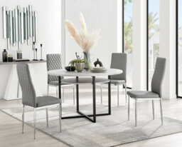 Furniturebox Adley Grey Concrete Effect And Black Round Dining Table With Storage Shelf And 4 Grey And Silver Milan Modern Faux Leather Chairs