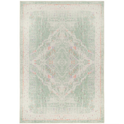 Loomed Distressed Cream Green Persian Style Washable Non Slip Rug 80X150Cm - image 1