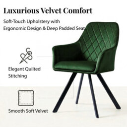 Evre Hailey Dark Green Velvet Dining Chairs Set Of 2 Upholstered Chairs With Arms & Metal Legs. - thumbnail 3