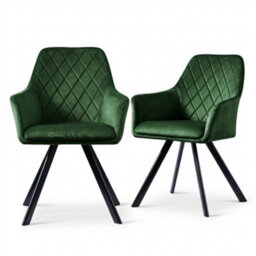 Evre Hailey Dark Green Velvet Dining Chairs Set Of 2 Upholstered Chairs With Arms & Metal Legs. - thumbnail 1