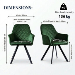 Evre Hailey Dark Green Velvet Dining Chairs Set Of 2 Upholstered Chairs With Arms & Metal Legs. - thumbnail 2