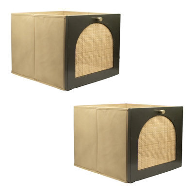 2 Pack Cube Storage Insert - Timber Fronted - Rich Green With Rattan - 33X33X37Cm - image 1