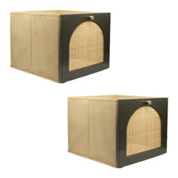 2 Pack Cube Storage Insert - Timber Fronted - Rich Green With Rattan - 33X33X37Cm