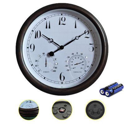 "Garden Station Wall Clock With Thermometer Indoor Outdoor Arabic 15"" White" - image 1