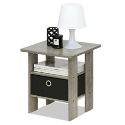Walplus Andrey End Table Nightstand With Fabric Bin Drawer - Compact Storage Shelf With Open Display, French Oak Grey/black - thumbnail 4