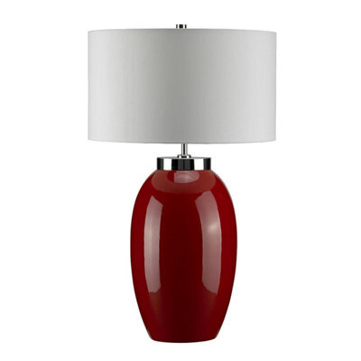 Elegant Large Red Glaze Table Lamp With Cream Silk Shade - Led Compatible