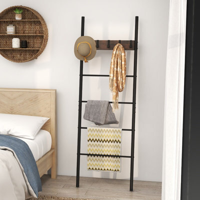 Costway Wall Leaning Industrial Blanket Holder Rack 5-Tier Ladder Shelf With 5 Hooks - image 1