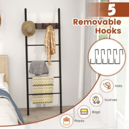 Costway Wall Leaning Industrial Blanket Holder Rack 5-Tier Ladder Shelf With 5 Hooks - thumbnail 8
