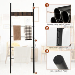 Costway Wall Leaning Industrial Blanket Holder Rack 5-Tier Ladder Shelf With 5 Hooks - thumbnail 9