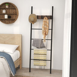 Costway Wall Leaning Industrial Blanket Holder Rack 5-Tier Ladder Shelf With 5 Hooks - thumbnail 1