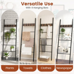 Costway Wall Leaning Industrial Blanket Holder Rack 5-Tier Ladder Shelf With 5 Hooks - thumbnail 3