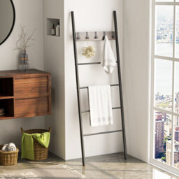 Costway Wall Leaning Industrial Blanket Holder Rack 5-Tier Ladder Shelf With 5 Hooks - thumbnail 4