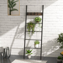 Costway Wall Leaning Industrial Blanket Holder Rack 5-Tier Ladder Shelf With 5 Hooks - thumbnail 6