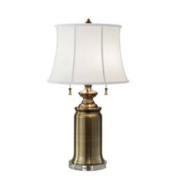 Elegant 2 Bulb Twin Table Lamp With White Linen Shade And Bali Brass Finish