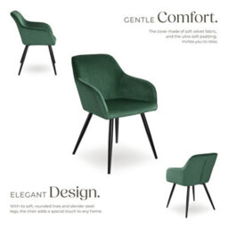 Tectake Set Of 6 Dining Chair Marilyn - With Armrests, Padded, Velvet Look, Black Steel Legs  - Dark Green / Black - thumbnail 3