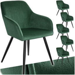 Tectake Set Of 6 Dining Chair Marilyn - With Armrests, Padded, Velvet Look, Black Steel Legs  - Dark Green / Black - thumbnail 1