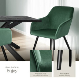 Tectake Set Of 6 Dining Chair Marilyn - With Armrests, Padded, Velvet Look, Black Steel Legs  - Dark Green / Black - thumbnail 4