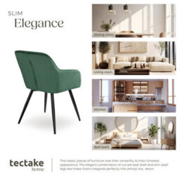 Tectake Set Of 6 Dining Chair Marilyn - With Armrests, Padded, Velvet Look, Black Steel Legs  - Dark Green / Black - thumbnail 7