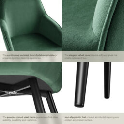 Tectake Set Of 6 Dining Chair Marilyn - With Armrests, Padded, Velvet Look, Black Steel Legs  - Dark Green / Black - thumbnail 5