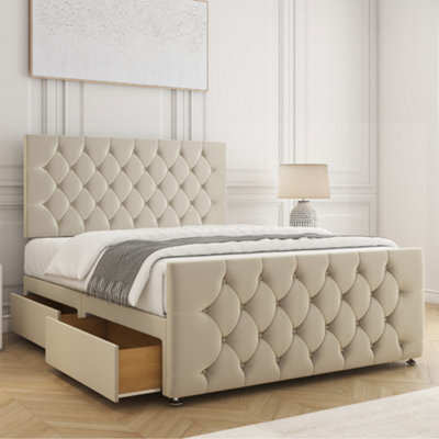Bsspoke Maya Divan Bed Set Cream Plush Velvet 24Inch Headboard & 20Inch Footboard 2 Drawers Footend & Mattress In All Sizes - image 1