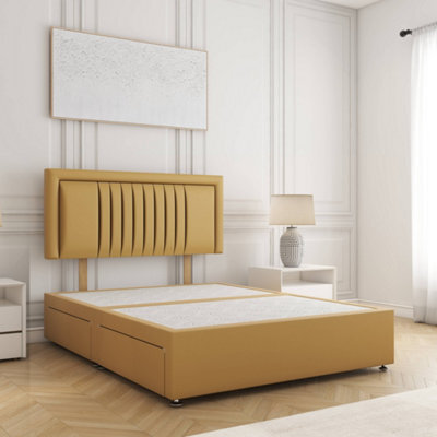 Bsspoke Canes Divan Bed Mustard Plush Velvet With 24Inch Headboard & No Mattress No Drawers In Double King 3Ft 4Ft 6Ft - image 1