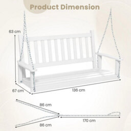 2 Person Porch Hanging Swing Chair Wood Backyard Swing Bench W/back White - thumbnail 2