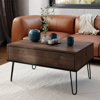 Heze Furniture Hairpin S-90 Modern Lift Top Coffee Table - Brown Oak & Black - image 1