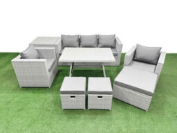 Fimous 9 Pieces Outdoor Pe Rattan Sofa Armchair Set Patio Garden Furniture Sets With Cushions Side Table 3 Stools Light Grey - thumbnail 1