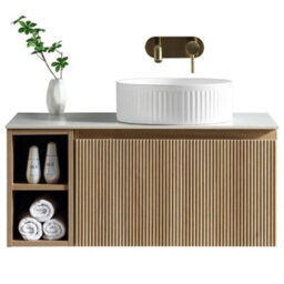 Astini Flauto 800mm Wall-Hung Vanity Unit With Side Storage & Right-Hand Countertop, Light Wood - thumbnail 4