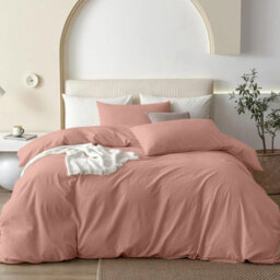 Oxford Homeware Peach Super King Plain Dyed Duvet Cover, Fitted Sheet & Pillowcases Set 4 Piece Bed Sets - thumbnail 1