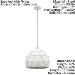Elegant White Steel Pendant Ceiling Light With Round Faceted Shade And E27 Bulb - thumbnail 2
