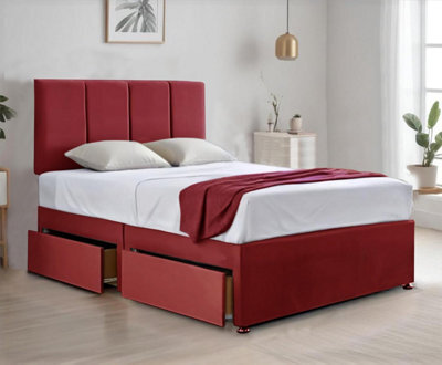 Comfort Red 3Ft Single Plush Divan Bed With Spring Memory Foam Mattress 20 Inch Headboard And Drawers